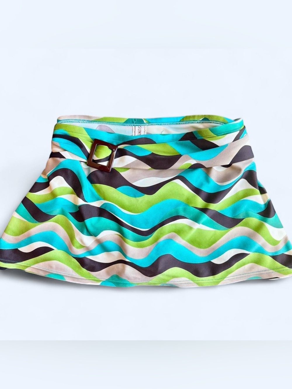 Sunsets Retro Belted Swim Mini Skirt -Wavy Stripe Turquoise & Green- Sz XL / L